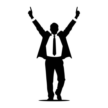 Takım elbiseli ve kravatlı bir adamın siyah silueti kollarını başının üstüne kaldırmış, her işaret parmağı yukarı doğru uzanıyor. Şekil beyaz bir arka planda izole edilmiş, ince bir gölge ya da taban ayaklarından dışarı doğru uzanır..