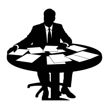Takım elbiseli ve kravatlı bir adamın siyah silueti yuvarlak bir masada oturuyor. Masaya birkaç beyaz kağıt serilmiş ve adamın elleri onların üzerinde dinleniyor. Belgeleri incelediğini ya da onlarla çalıştığını gösteriyor. Arka plan çok açık.