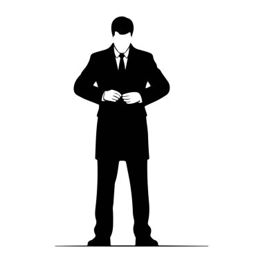Siyah bir siluet beyaz bir arkaplanda duruyor. O, ceket ve kravat ile resmi bir takım elbise giyiyor. Elleri önündeymiş, ceketi ilikliyormuş gibi görünüyor. Görüntü, net ve ayırt edilemeyen bir grafik tasviri.