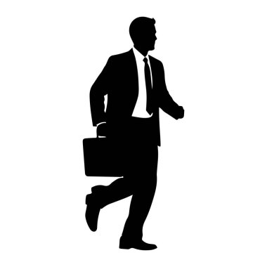 Elinde bir evrak çantasıyla yürüyen takım elbiseli ve kravatlı bir adamın siyah silueti tasvir ediliyor. Şekil, bir bacağı yürüyen bir hareketle öne doğru uzanan beyaz bir arkaplana karşı profil olarak gösterilir. Takım elbise ceketi, gömlek, kravat ve çanta.