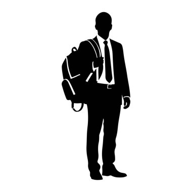 Siyah silueti olan bir adam öne bakıyor. O, kravatlı bir takım elbise giyiyor ve sol omzunda bir sırt çantası asılı. Siluet, düz beyaz bir arkaplana karşı katıdır..