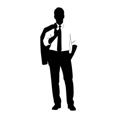 Siyah bir siluet beyaz bir arkaplanda duruyor. O, gömlek ve kravat ile bir takım elbise giyiyor. Ceketi sol omzunun üstünden sarkıyor ve sağ eli de cebinde. Siluet temiz ve keskin. Yüzü belirgin değil. 