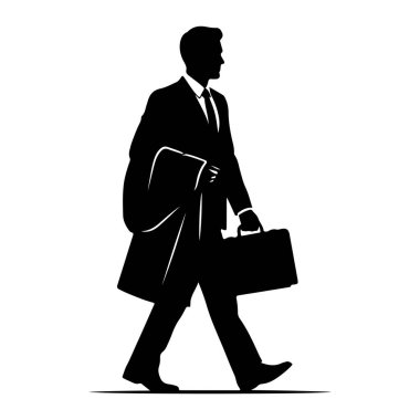Takım elbiseli bir adamın siyah silueti soldan sağa doğru yürür. O bir kravat ve yakalı bir gömlek giyiyor. Sol kolunun üzerinde bir ceket var ve sağ elinde bir evrak çantası taşıyor. Bu figür, prof ile betimlenmiş beyaz bir arkaplanda izole edilmiştir.
