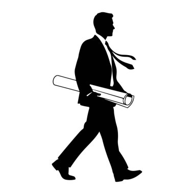 Takım elbiseli ve kravatlı bir adamın siyah silueti kolunun altında sarılı bir belge taşıyarak soldan sağa doğru yürüyor. Arka plan bembeyaz. Siluet biçimi temiz ve grafiksel.
