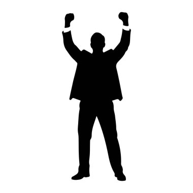 Takım elbiseli bir adamın siyah silueti kollarını kaldırıp kutlama yapıyor. O, bir ceket, gömlek ve pantolon giyiyor, yumruklarını kaldırmış kollarının üst kısmına kenetlenmiş. Arka plan bembeyaz..