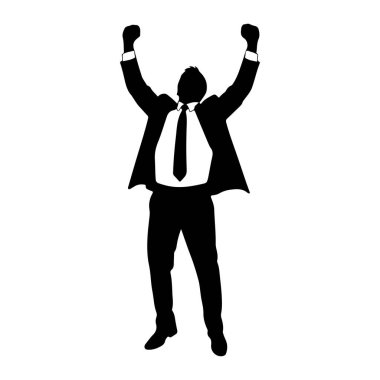 Takım elbiseli ve kravatlı bir adamın siyah silueti beyaz bir arka plana karşı kollarını kaldırarak kutlanır. Zıplayan ya da sevinen figür zafer ve başarı hissi veriyor gibi görünüyor. Siluet çok net ve net, Highligh.