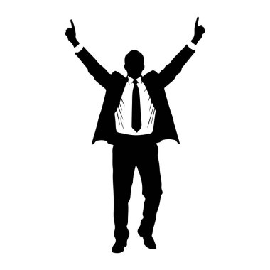 Takım elbiseli ve kravatlı bir adamın siyah silueti kolları havada ve parmakları yukarıda duruyor. Şekil, kutlama veya zaferin jestini vurgulayan düz beyaz bir arkaplana karşı tasvir ediliyor. Takım elbise ceketi açık, açık.