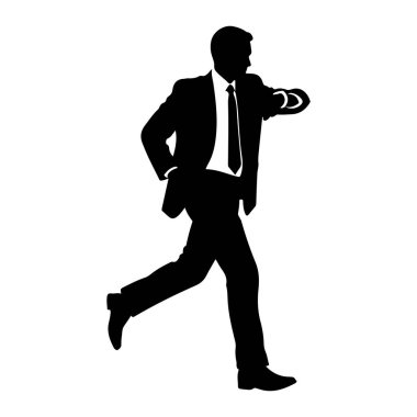 Takım elbiseli ve kravatlı bir adamın siyah silueti, koşuyor ya da hızlı yürüyor gibi görünen hareketli tasvir edilir. O, bir saati kontrol eder gibi bileğine bakıyor. Şekil beyaz bir arkaplanda izole edilmiştir..