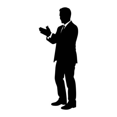 Takım elbiseli ve kravatlı bir adamın siyah silueti elleri açık ve alkışlıyor. Şekil beyaz bir arkaplanda izole edilmiştir..