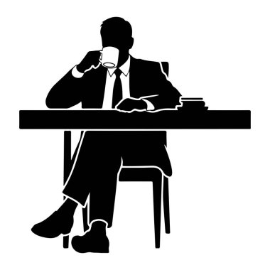 Takım elbiseli ve kravatlı bir adamın siyah bir silueti masada oturuyor, dudaklarına beyaz bir kahve fincanı tutuyor. Bacak bacak üstüne atmış bir sandalyede oturuyor. Onun sağındaki masada bir yığın kitap ya da kağıt duruyor. Arkaplan düz beyaz.