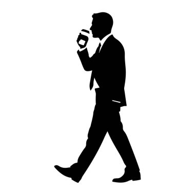 Takım elbiseli ve kravatlı bir adamın siyah silueti, dudaklarına bir kahve fincanı tutarken yürürken resmedilir. Şekil, düz beyaz bir arkaplanda profil olarak gösterilir. Adam içkisinden bir yudum alıyor gibi görünüyor..