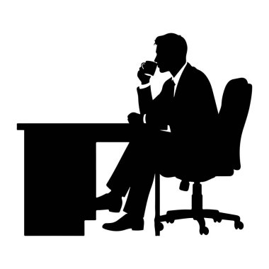 Takım elbiseli ve kravatlı bir adamın siyah bir silueti masa başında, dudaklarına kahve fincanı tutarak oturuyor. Resim, beyaz arkaplana karşı basit, grafik bir gösterimidir.