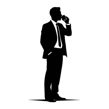 Takım elbiseli ve kravatlı bir adamın siyah silueti bir eli cebinde diğeriyse dudaklarına bardak dayamış, içermiş gibi duruyor. Görüntü, beyaz arkaplana karşı katıksız siyah beyaz bir illüstrasyondur..