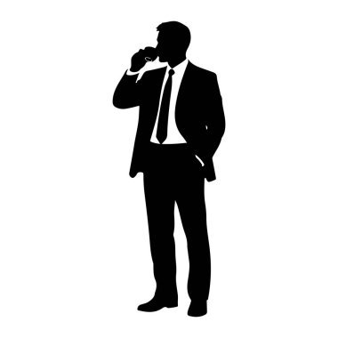 Takım elbiseli ve kravatlı bir adamın siyah silueti bir fincandan ayakta ve içerken resmedilir. Sol eli bardağı ağzına tutarken, sağ eli cebinde. Şekil beyaz bir arkaplanda izole edilmiştir..