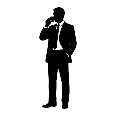 Takım elbiseli ve kravatlı bir adamın siyah bir silueti bir eli cebinde, diğeri ise sanki içiyormuş gibi dudaklarına bir bardak tutarken resmedilir. Şekil beyaz bir arkaplanda izole edilmiştir..