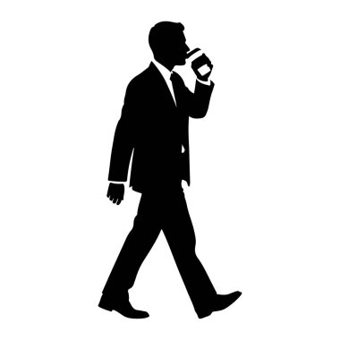 Siyah bir siluet, takım elbiseli bir adam bir bardaktan yürüyor ve içiyor. Adam sola bakıyor ve bardağı ağzına dayıyor. Arkaplan beyaz.