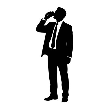 Takım elbiseli ve kravatlı bir adamın siyah silueti, ağzına tutulmuş bir bardaktan su içerken resmedilir. Şekil beyaz bir arkaplanda izole edilmiştir..