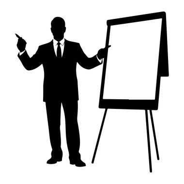 Takım elbiseli ve kravatlı bir adamın siyah bir silueti şövalede beyaz bir tahtanın yanında duruyor. İki eliyle işaret ediyor, boş tahtaya doğru işaret ediyor. Arkaplan beyaz.