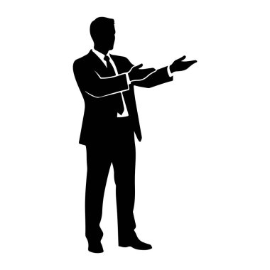 Takım elbiseli ve kravatlı bir adamın siyah silueti kolları dışa doğru uzanmış, avuçlar yukarı bakıyor, sanki birini karşılıyor ya da sunum yapıyormuş gibi. Şekil beyaz bir arkaplanda izole edilmiştir..