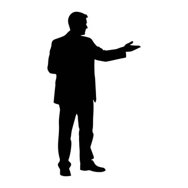 Takım elbiseli bir adamın siyah silueti ayakta duruyor ve sağ eli dışa doğru uzanıyor. Kafası hafifçe sağa dönük bir şekilde çerçevenin soluna bakıyor. Arka plan bembeyaz..