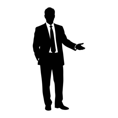 Siyah bir siluet beyaz bir arkaplanda duruyor. O, resmi bir takım elbise ve kravat takıyor ve sağ eli bir sunum jesti olarak dışa doğru uzanıyor. Sol eli cebinde duruyor. Siluet keskin ve net bir şekilde tanımlanmış, Highli.