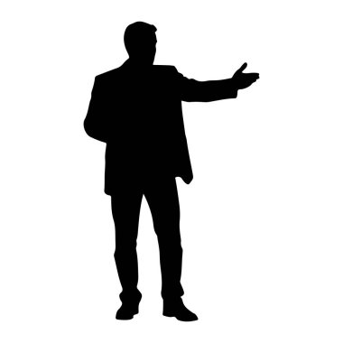 Siyah bir siluet, takım elbise ceketi, pantolonu ve ayakkabıları olan bir adam öne bakıyor. Sağ kolu dışa doğru uzanmış, eli açık, sanki el hareketi yapıyor ya da bir şey açıklıyormuş gibi. Siluet, düz beyaz bir arkaplanda izole edilmiş.