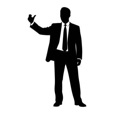 Siyah bir siluet beyaz bir arkaplanda duruyor. Kravatlı bir takım elbise giyiyor ve sağ kolunu kaldırıyor, baş parmağını yukarı doğru uzatarak bir onay veya mutabakat jesti yapıyor. Görüntü temiz, basit bir illüstrasyon..
