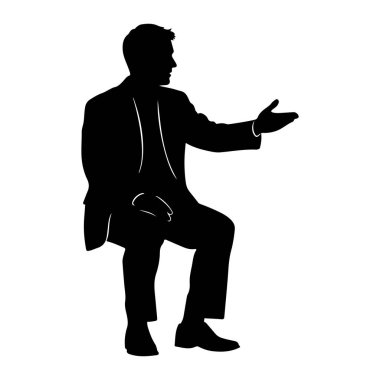 Takım elbiseli bir adamın siyah silueti yandan tasvir edilir. Oturuyor ve sağ eliyle işaret ediyor gibi görünüyor, avuç içi açık, sanki bir şey açıklıyormuş gibi. Sol eli kucağında duruyor. Siluet bir beyaza karşı katıdır.