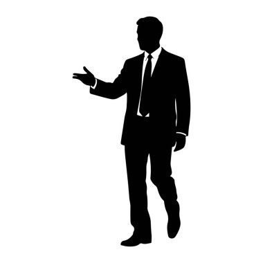 Takım elbiseli ve kravatlı bir adamın siyah silueti beyaz arka planda duruyor. Sol kolu açık bir şekilde sola bakıyor. Sanki el kol hareketi yapıyor ya da bir şey sunuyor gibi. Sağ bacağı hafifçe öne doğru, yürüdüğünü gösteriyor. Evet.