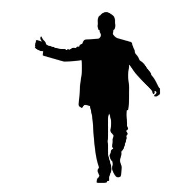 Takım elbiseli bir adamın siyah silueti belden aşağısı, sağ kolu açık ve baş parmağı yukarı kaldırılmış bir şekilde yürüyor. Şekil beyaz bir arkaplanda izole edilmiştir..