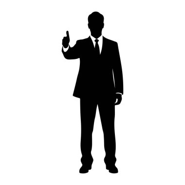 Takım elbiseli ve kravatlı bir adamın siyah silueti sağ eliyle baş parmak işareti yaparak öne bakıyor. Arkaplan beyaz.