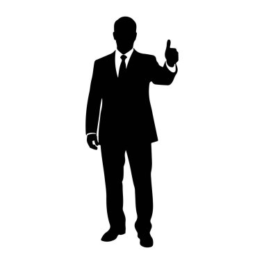 Siyah bir siluet beyaz bir arka plana karşı karşıya duran bir adam. Resmi bir takım elbise ve kravat takıyor ve baş parmağını baş parmağıyla kaldırıyor. Sol kolu gevşek sallanıyor..