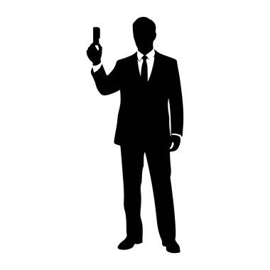 Siyah bir siluet beyaz bir arkaplanda duruyor. Resmi bir takım elbise ve kravat takıyor ve sağ elinde yukarı doğru doğrultulan küçük bir tabanca tutuyor. Bu figür tepeden tırnağa tasvir edilmiş, gözle görülür yüz hatları yok..