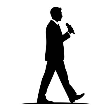Takım elbiseli bir adamın siyah silueti, sağ elinde ağzının yanında bir mikrofon tutarak soldan sağa doğru yürüyor. Adam profilden resmedilmiş, sağa dönük. Sol bacağı öne doğru ve sağ bacağı arkaya doğru hareket ediyor. Siluet