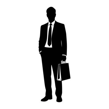 Siyah bir siluet beyaz bir arkaplanda duruyor. Resmi bir takım elbise, gömlek ve kravat giyiyor ve sol eli cebinde. O, sağ elinde bir alışveriş çantası tutuyor. Siluet temiz ve keskin, ayırt edilemiyor.