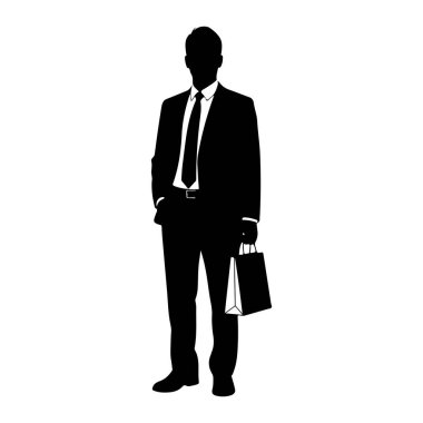 Siyah bir siluet beyaz bir arkaplanda duruyor. O, kravat ve gömlek ile resmi bir takım elbise giyiyor. Bir eli cebinde, diğer elinde de bir alışveriş çantası var. Silüet temiz ve grafiksel, keskin çizgiler tanımlıyor. 