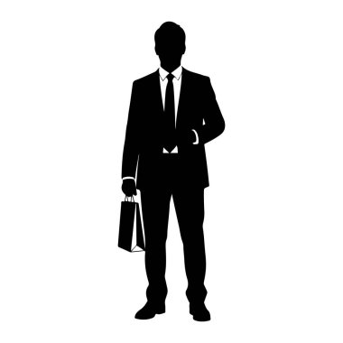 Siyah bir siluet beyaz bir arkaplanda duruyor. O, gömlek ve kravat ile resmi bir takım elbise giyiyor. Sol elinde siyah bir alışveriş çantası tutuyor. Sağ eli beline yakın bir yerde..