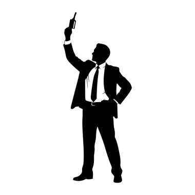 Takım elbiseli ve kravatlı bir adamın siyah silueti beyaz arka planda duruyor. Sağ elinde dikdörtgen şeklinde bir cihaz tutuyor, kolu havada. Sol eli kalçasındaydı. Görüntü basit bir grafik çizimi.