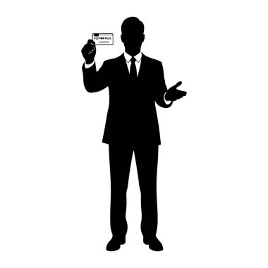 Resmi takım elbiseli ve kravatlı bir adamın siyah silueti beyaz arka planda duruyor. Sol elinde üzerinde yazı olan dikdörtgen bir ziyaretçi kartı tutuyor. Sağ eli dışa doğru uzanıyor, avuç içi yukarı, bir jest ya da pres olarak.