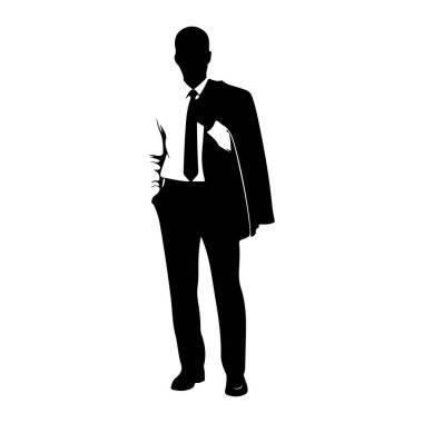 Siyah bir siluet beyaz bir arkaplanda duruyor. O, sol omzunun üzerine sarılı bir takım elbise ceket, beyaz yakalı bir gömlek, bir kravat ve siyah pantolon giyiyor. Sağ eli cebinde duruyor. Görüntü temiz, keskin, tek renkli bir illüstrasyondur.