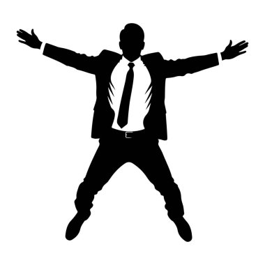 Takım elbiseli ve kravatlı bir adamın siyah silueti kolları açık bir şekilde orta atlarken yakalanır. Takım elbise ceketi, gömlek, kravat, pantolon ve ayakkabılar katıksız siyah bir arka planda tasvir edilir. Duruş heyecan, özgürlük ya da... 