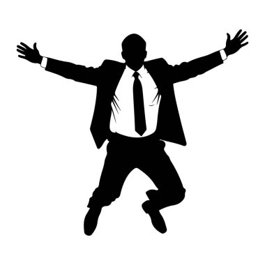 Takım elbiseli ve kravatlı bir adamın siyah silueti kolları açık bir şekilde orta atlarken yakalanır. Beyaz gömlek ve koyu kravat takım elbisenin içinde açıkça belirtilmiştir. Şekil, saf beyaz bir arkaplan üzerinde izole edilmiş, bu da enerji dolu bir hareket hissi veriyor.