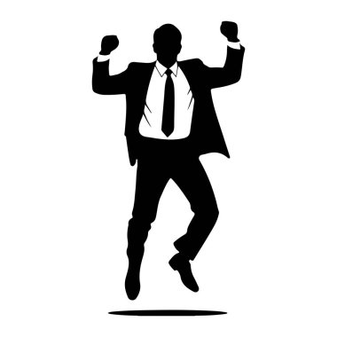 Takım elbiseli ve kravatlı bir adamın siyah silueti havada resmedilmiş, yumrukları havada bir kutlama jesti ile zıplıyor. Şekil beyaz bir arkaplanda izole edilmiş, ayaklarının altında ince bir gölge var..