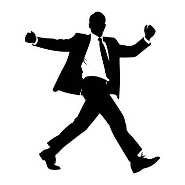 Takım elbiseli ve kravatlı bir adamın siyah silueti beyaz bir arka plana atlarken yakalandı. Kolları açık ve bacakları geniş, enerjik bir hareket ve canlılık hissi veriyor. Siyah figür arasındaki keskin zıtlık