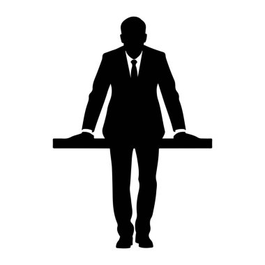 Takım elbiseli ve kravatlı bir adamın siyah silueti, elleri yatay bir yüzeye, muhtemelen bir masaya yaslanmış şekilde öne doğru eğilmiş şekilde tasvir edilir. Şekil, düz beyaz bir arkaplan üzerine kuruludur. Takım elbise ceketi, gömlek ve kravat açıkça belirtilmiş.