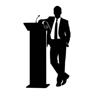 Takım elbiseli ve kravatlı bir adamın siyah silueti mikrofonla podyuma yaslanıyor. Sol kolu podyumda dinleniyor ve sağ eli de cebinde. Bacakları ayak bileklerinden çaprazlanmış. Arkaplan beyaz.