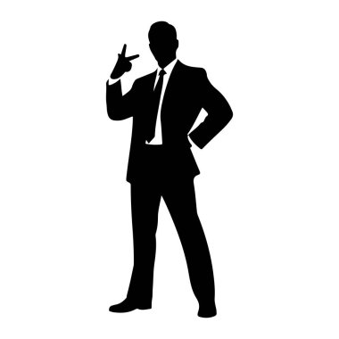 Siyah bir siluet beyaz bir arkaplanda duruyor. O, resmi bir takım elbise, kravat ve beyaz bir gömlek giyiyor. Sol elini kaldırdı, işaret ve orta parmakları barış işareti olarak uzattı. Sağ eli kalçasına yerleştirilmiş..