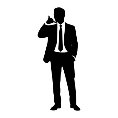 Siyah bir siluet beyaz bir arkaplanda duruyor. Takım elbise ve kravat takıyor ve sağ elini kulağına kaldırıyor. Bu da genelde telefon görüşmesi yapmakla ilgili bir jest oluşturuyor. Sol eli cebinde..