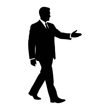 Yandan takım elbiseli ve kravatlı bir adamın siyah silueti tasvir ediliyor. O, bir el sıkışma jesti olarak elini açık olarak ileri doğru yürüyor ve uzatıyor. Arkaplan düz beyaz.
