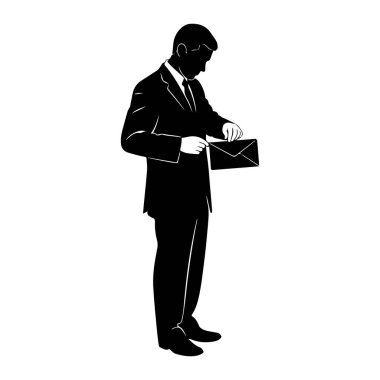 Yan taraftan takım elbiseli ve kravatlı bir adamın siyah silueti gösteriliyor. Elinde koyu renkli bir zarf tutuyor ve açıyor gibi görünüyor. Resim beyaz bir arkaplanda izole edilmiştir.